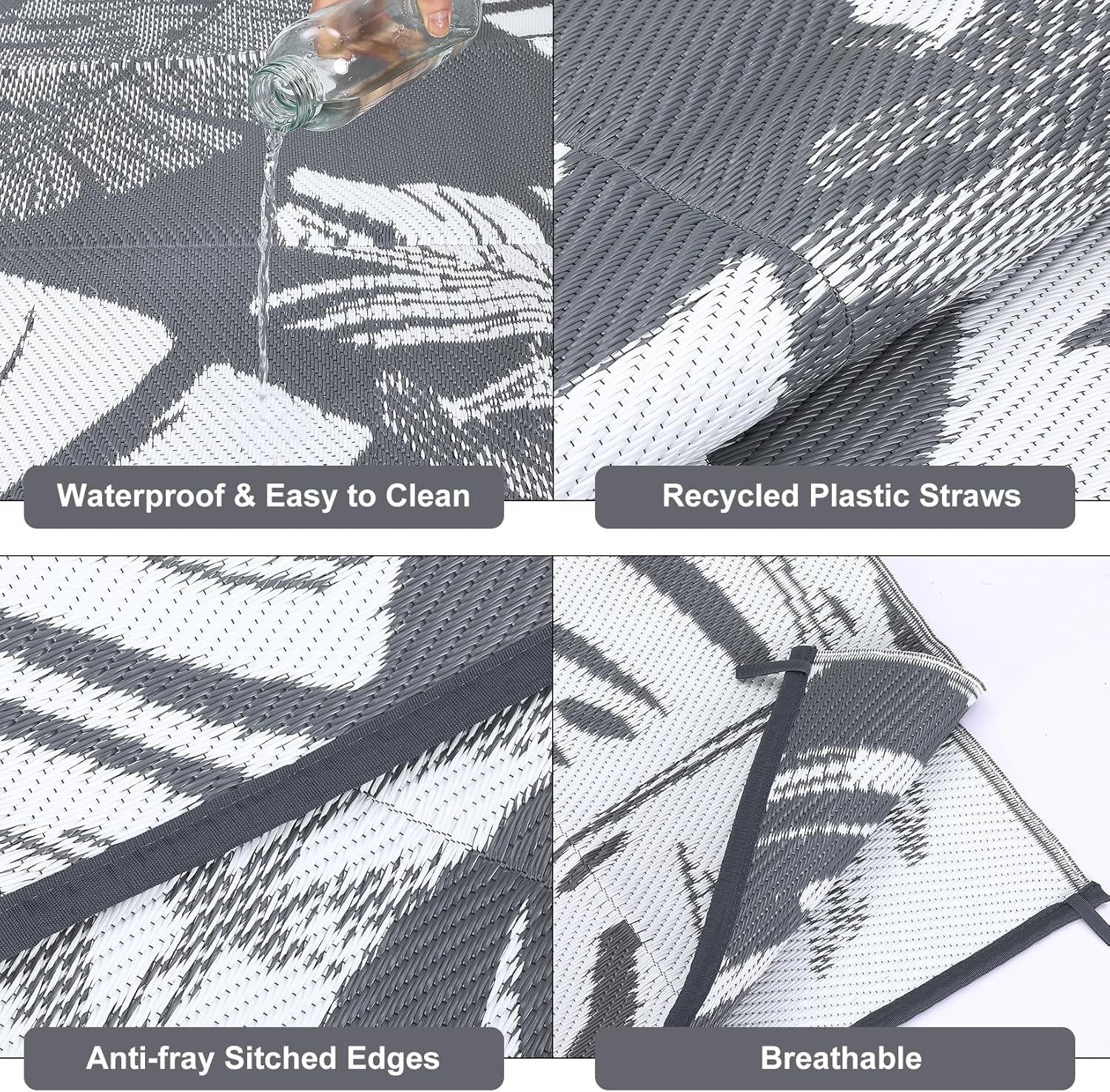 Outdoor Rug Waterproof 8x10 Reversible Outdoor Plastic Straw Rug Modern Palm Leaves Patio Rug Indoor Outdoor Mat RV Mat Outside for Patio Camp Balcony Deck Picnic, Grey and White